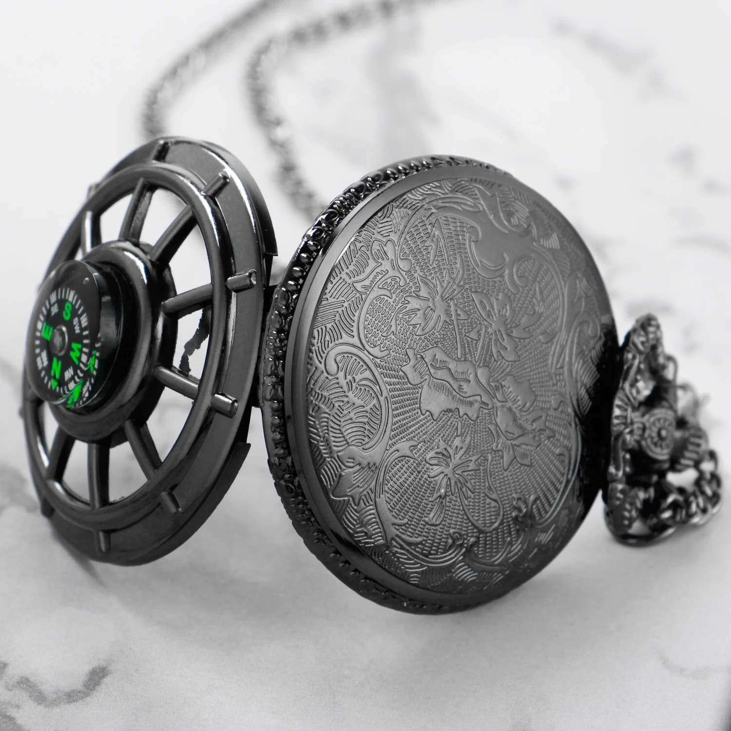 Exquisite Compass Design Vintage Hollow Skeleton Pocket Watch Black Starry Round Dial Antique Pendant Clock Retro Gifts Unisex
