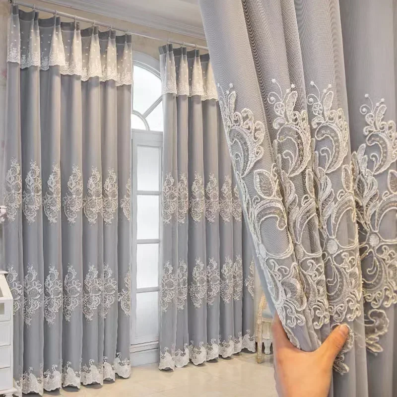 Rideaux double couche de luxe brodés pour salon, chambre à coucher, européen, américain, haute qualité, lait, thé, gril, gaze, personnalisé