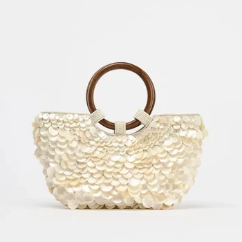 Handmade Heavy Industry Bead Handbag Embroidered Natural Shell Diagonal Totes Half Moon Crossbody Women's Wedding Part Bags New 1