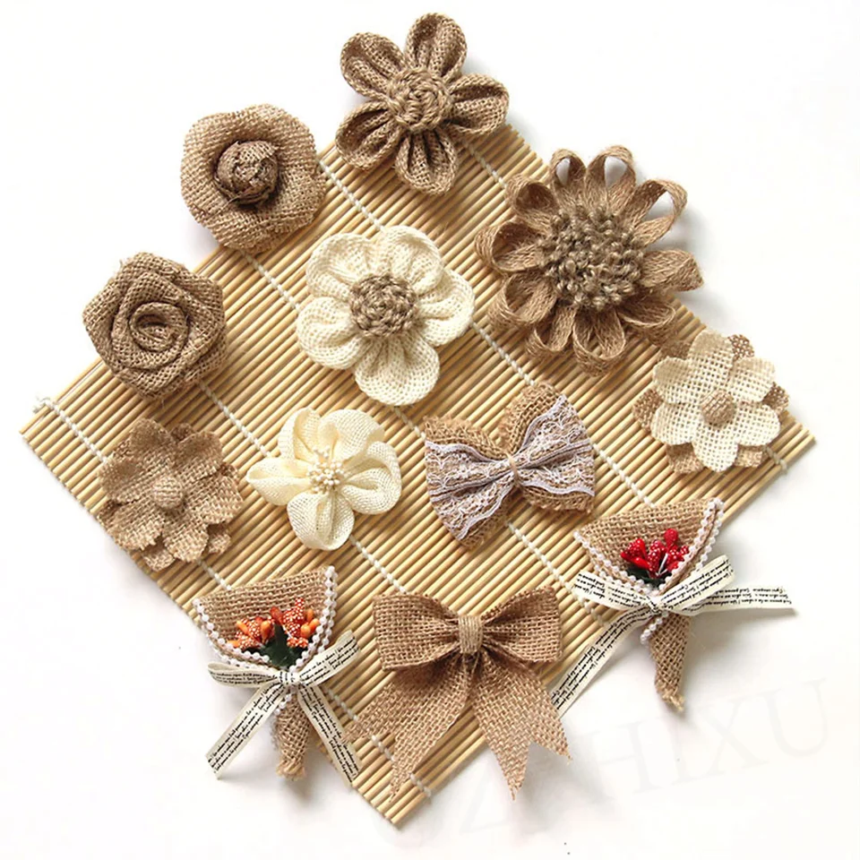 2/3/5 pezzi di iuta fatta a mano tela di iuta rosa fiori vintage rustico decorazione di nozze evento di natale festa accessori artigianali fai da te