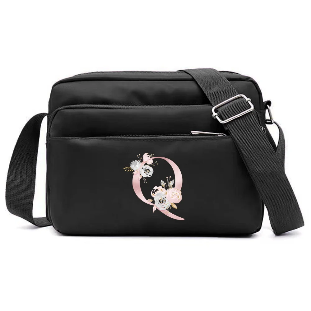 New Simple Black Storage Bag Multi-layer Travel Leisure One Shoulder Crossbody Bag Pink Flower Letter Series Printing Pattern