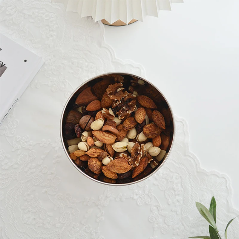 Simple Stylish Round Solid Wood Tray Stainless Steel Bowls Small Item Storage Tray Food Desktop Storage Kitchen Decor Plate