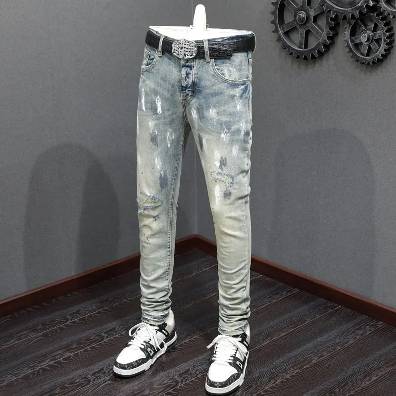 High Street Fashion Men Jeans Retro Washed Blue Stretch Skinny Fit Ripped Jeans Men Painted Designer Hip Hop Brand Pants Hombre