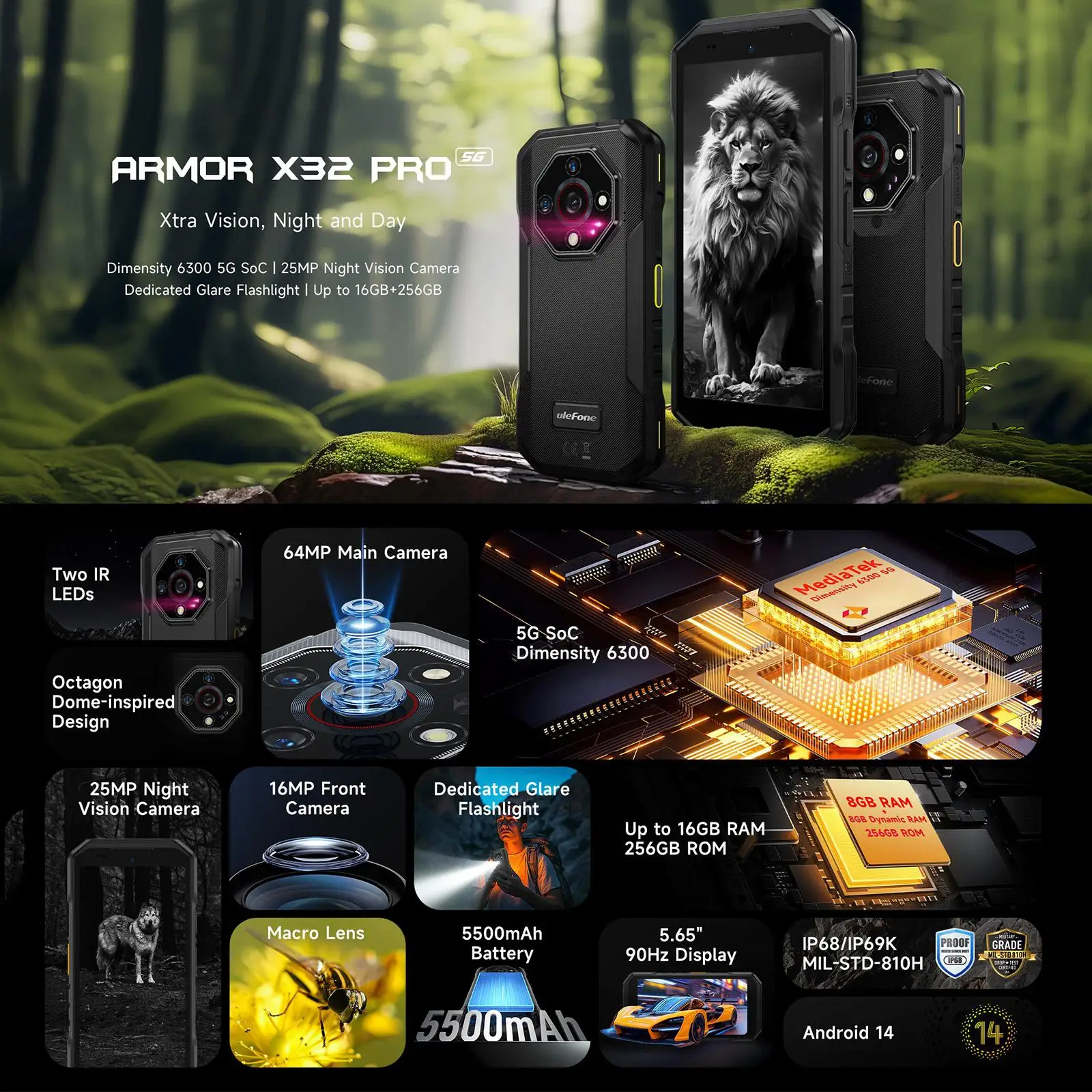 Ulefone Armor X32 Pro 5G Rugged Smartphone Android 14 5.65 Inch 8GB+256GB MediaTek Dimensity 6300 Octa Core Night Vision NFC