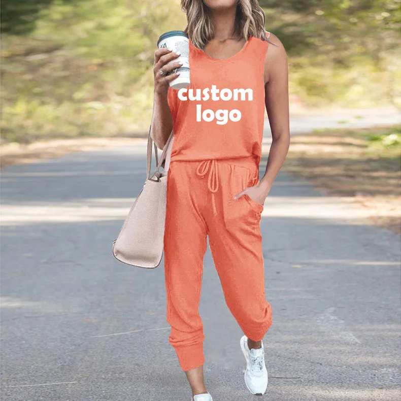 Customized T-Shirt and Pants Women's Set Loose Solid Color Sleeveless Casual Set Fashion Commuting Vest Top and Pants