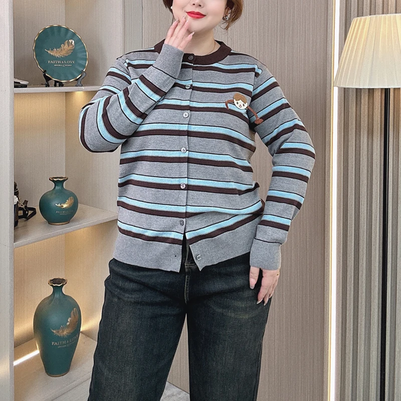 Women Plus Size Jumpers Autumn Winter Striped Knit Cardigan Loose Casual Embroidered Long Sleeve Sweater 4076