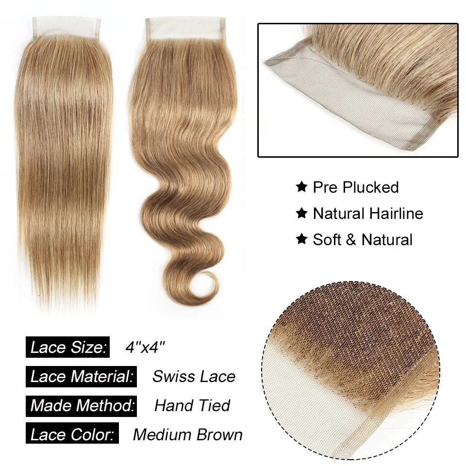 4X4 Lace Closure Straight Human Hair Free Part Transprent Lace Closure Pre Plucked Natural Color Body Wave Remy Hair Swiss Lace 3