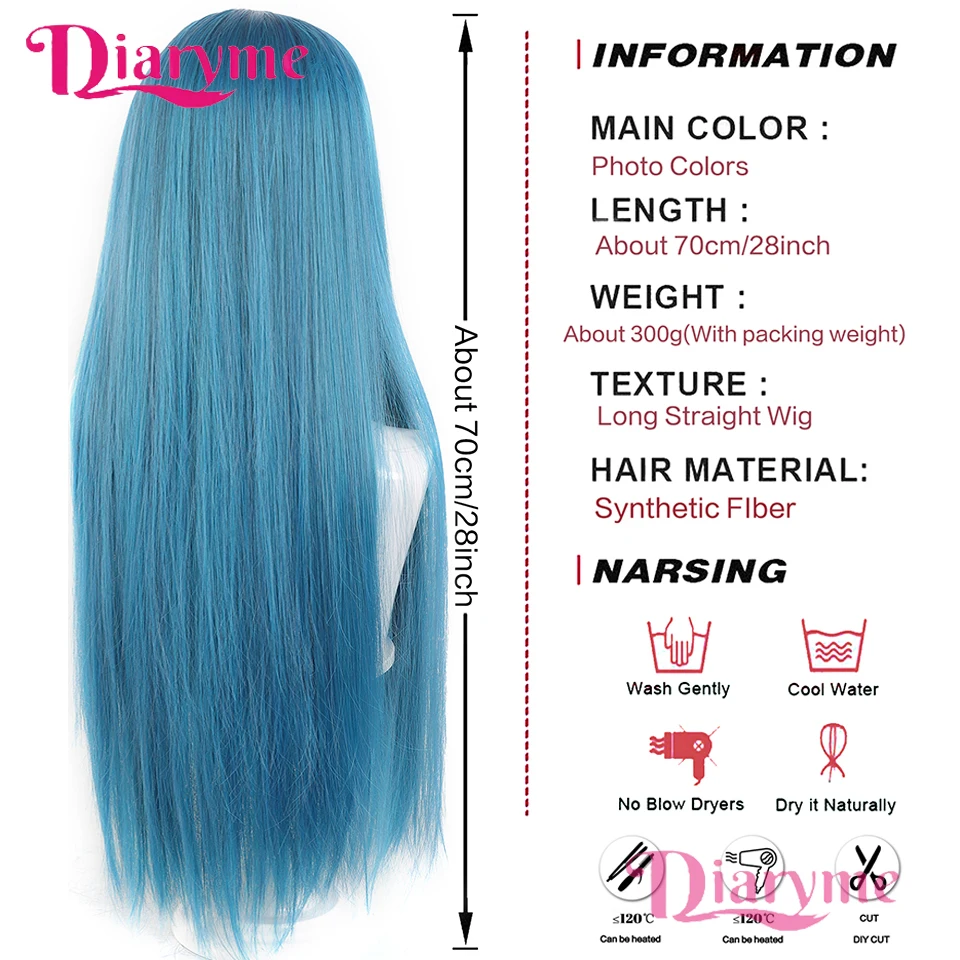 Long Silky Straight Synthetic Wig with Bangs Blue Green Cosplay Party Lolita Daily Wigs for Women Natural Heat Resistant Wigs