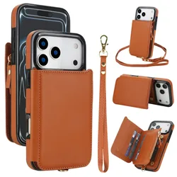 Crossbody Leather Wallet Phone Case with Card Holder and Wrist Strap Cover - iPhone 12 Mini (Brown)