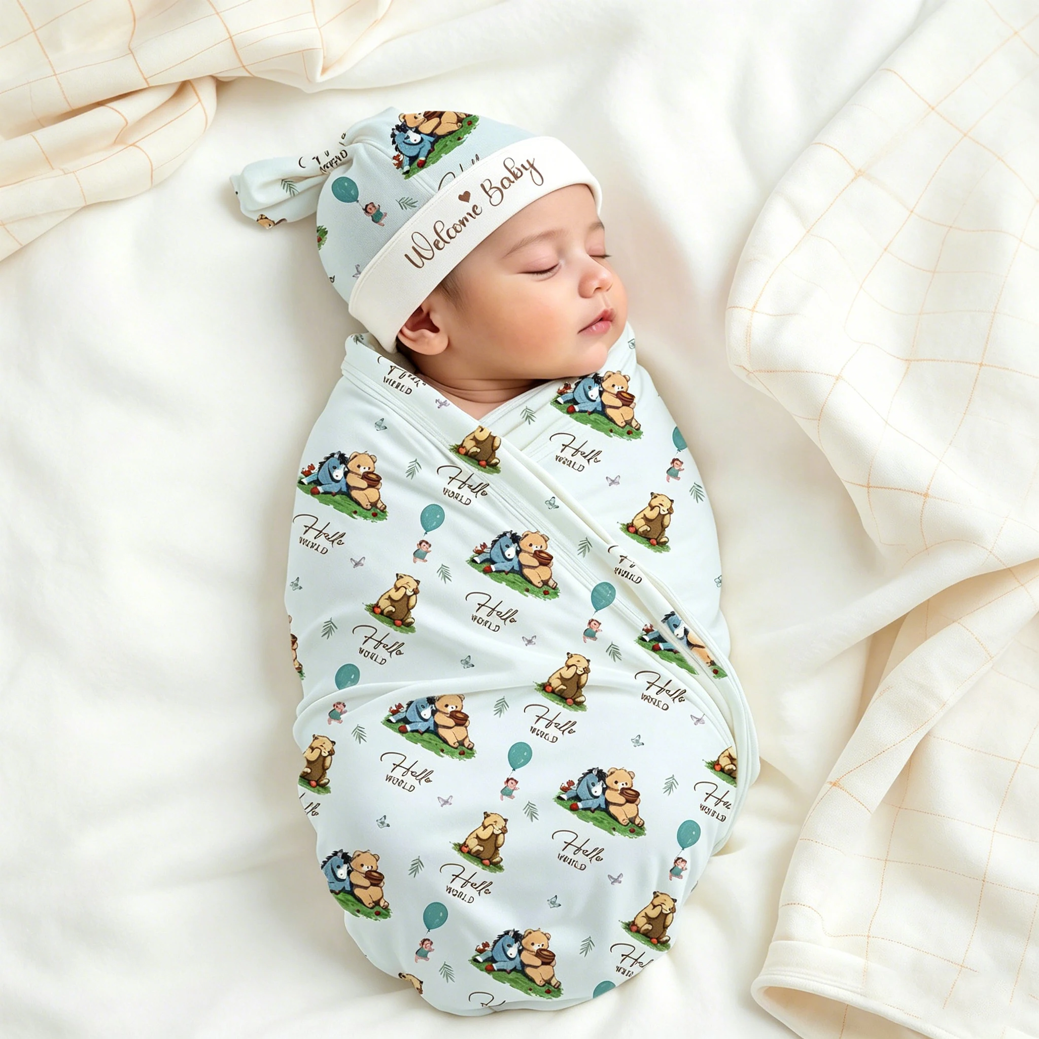 Newborn Photography Swaddle Blanket Soft Infant Sleeping Wrap With Hat Baby Cartoon Picture Shoot Swaddle For 0-3 Months Baby-HD - 3