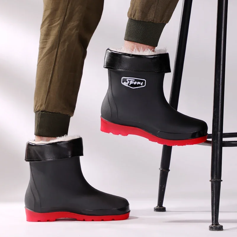 New Rain Boots Men's Waterproof Shoes Drawstring Top Thick Rain Boots Winter Integrated Fleece-lined Non-Hardening Fishi...