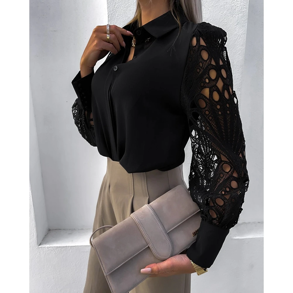 Hollow Out Long Sleeve Casual Black Shirts for Women Buttoned Design Turn-down Collar Casual Blouse Top Elegant Spring Outwear