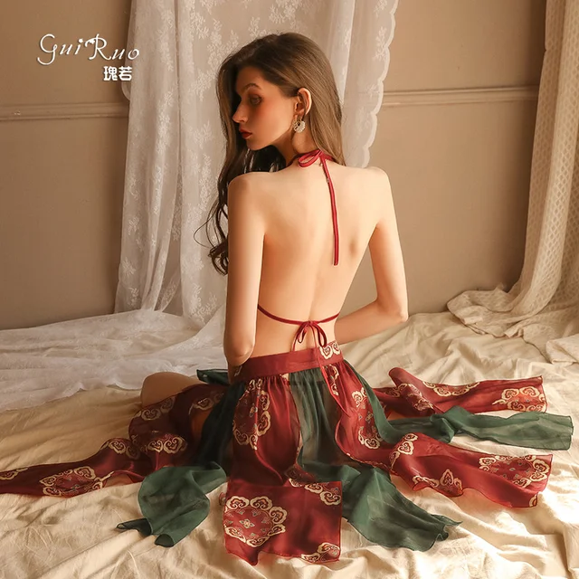 SP CITY Chinese Style Red Embroidery Sexy Women s Nightgowns Temptation Apron Design Transparent Sleepwear Mesh