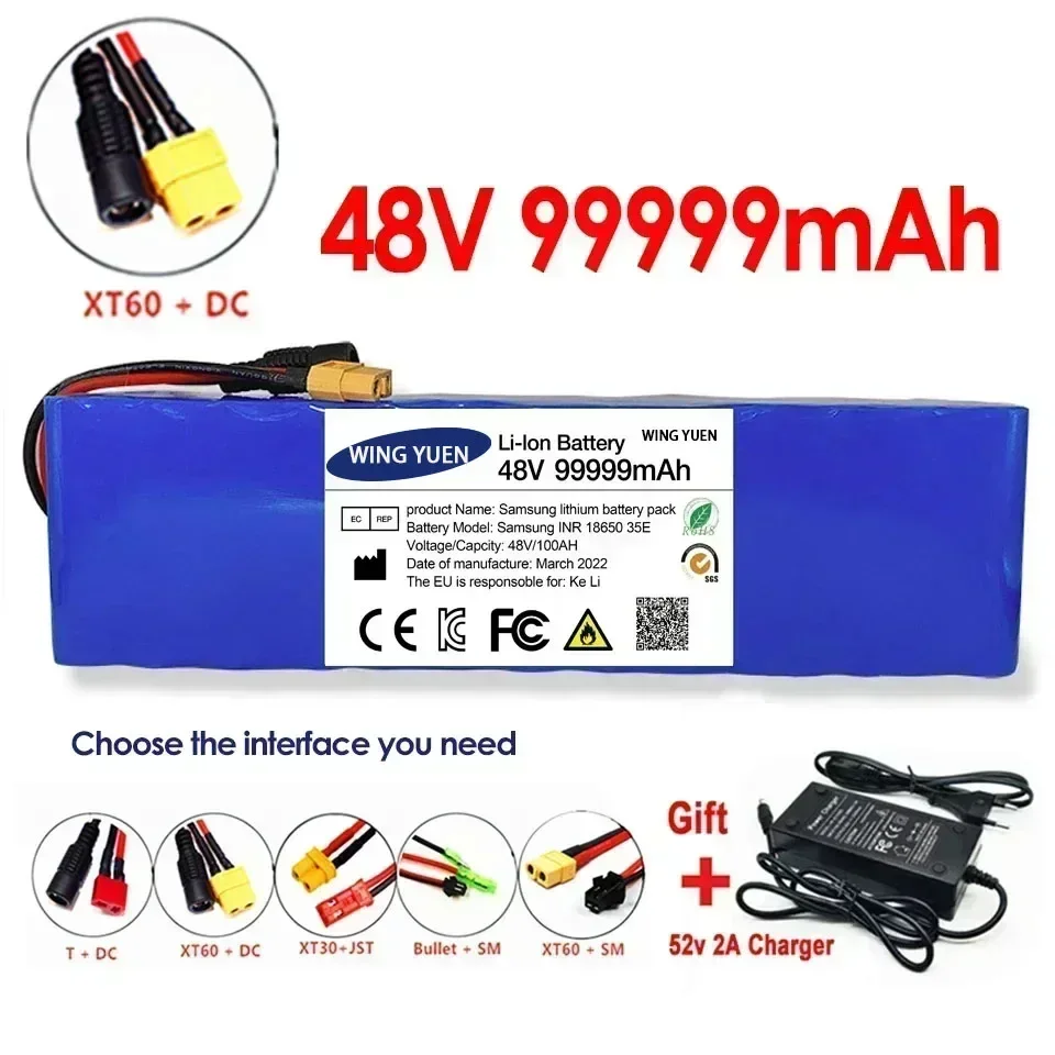 

New 48V 99999mAh 1000w 13S3P XT60 101Ah Li-ion Battery for 54.6V Scooter Bike with BMS Charger