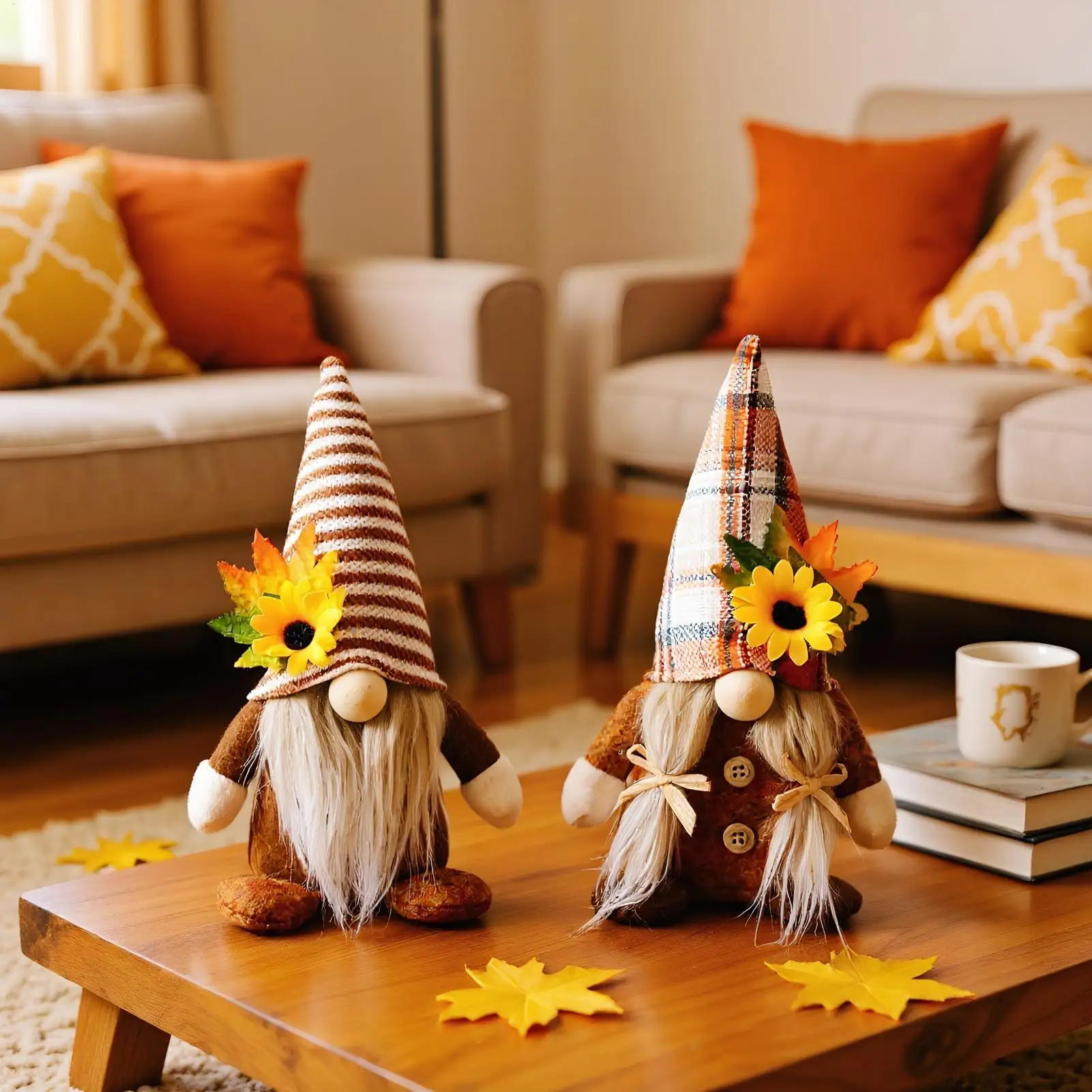 Autumn Gnome Decorations Handmade Festival Faceless Doll Tiered Tray Decor Maple Leaves Sunflower Gnome For Indoor Room Mantel