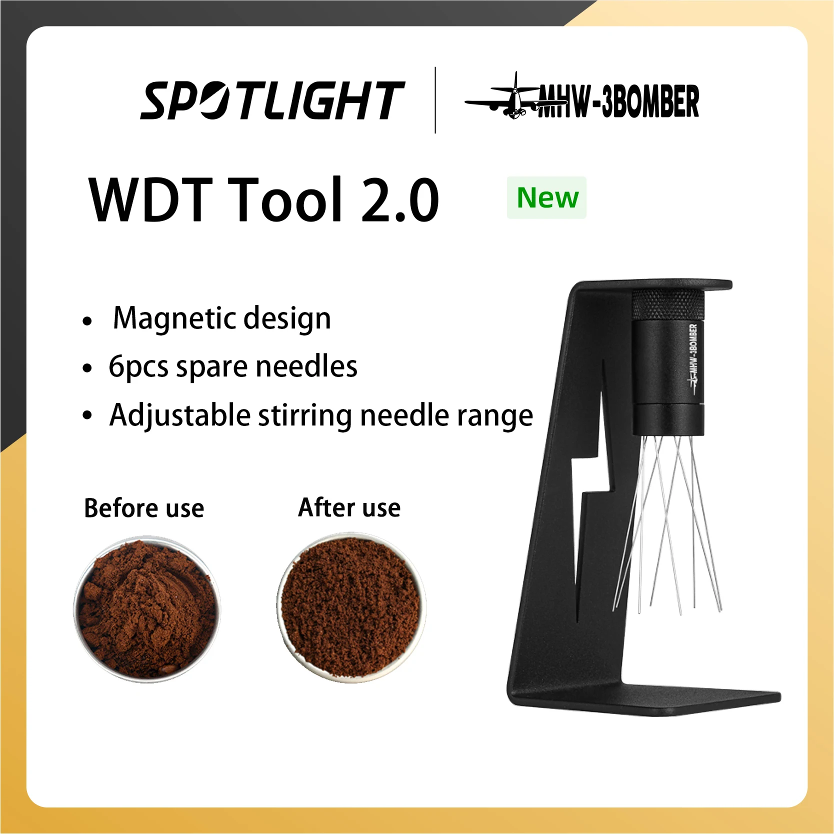 

MHW-3BOMBER Adjustable WDT Espresso Distribution Tool Replaceable Needles Coffee Stirrer with Magnetic Stand Barista Accessories