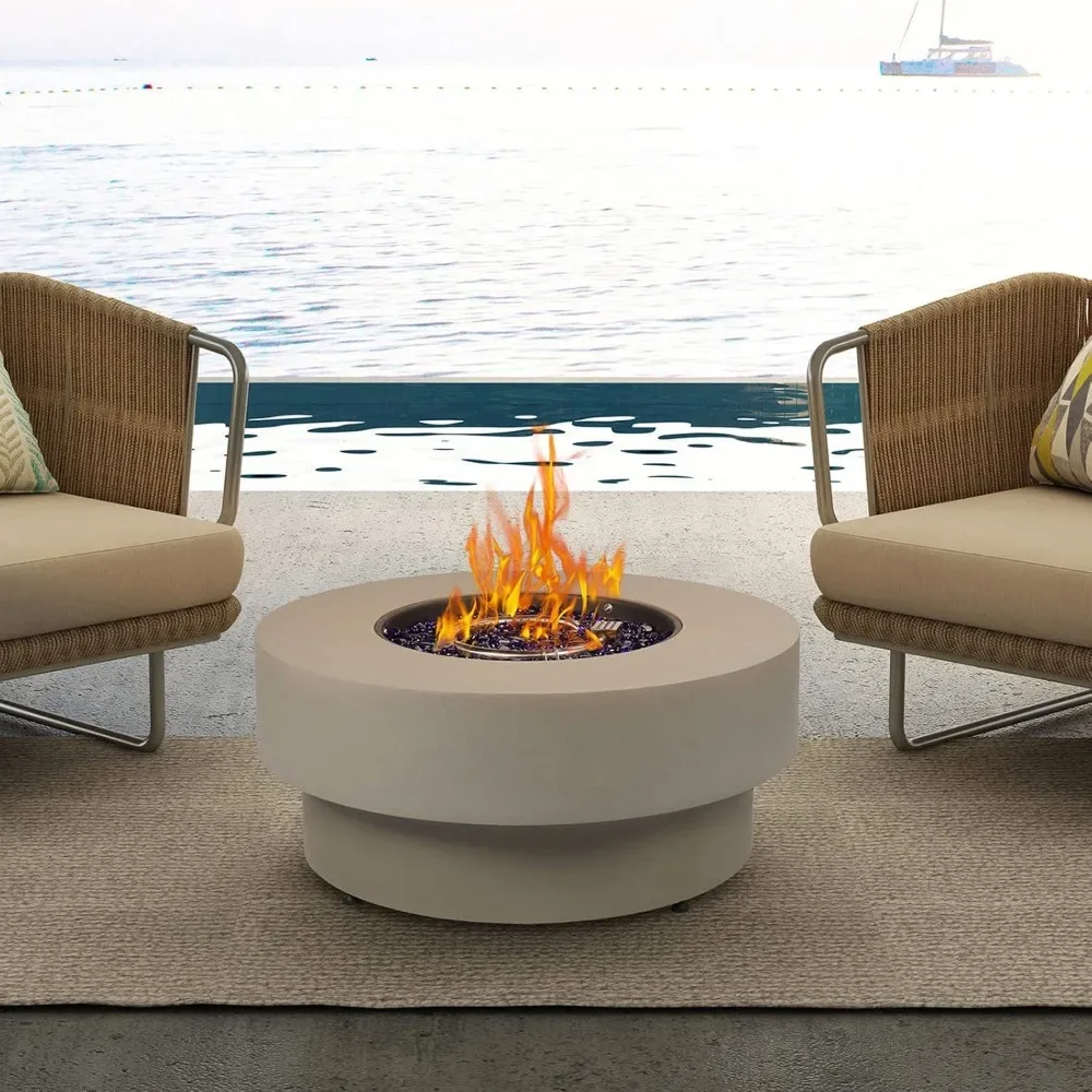 Description Picture 2 of itemPropane Outdoor Fire Pit Table, Flint & Concrete Look 33-inch Round Patio Gas Fire Table 50,000 BTU w/Lid, Fire Glass