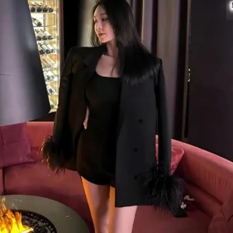 Spring Autumn New Casual Long Sleeve Suit Jacket Women's Blazer 2023 New Korean Fashion Business Elegant Tops Ostrich Feathers