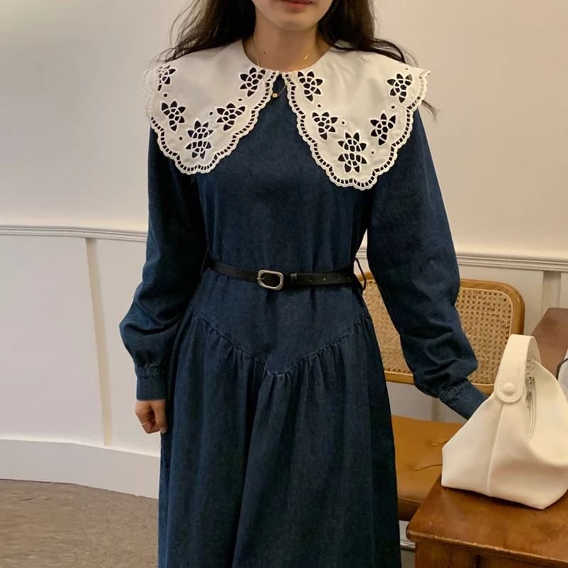 

Women 2023 Autumn Long Belt Slim Waist Dress Hollow Out Peter Pan Collar Straight Full Sleeve Pullover Maxi Dresses Female