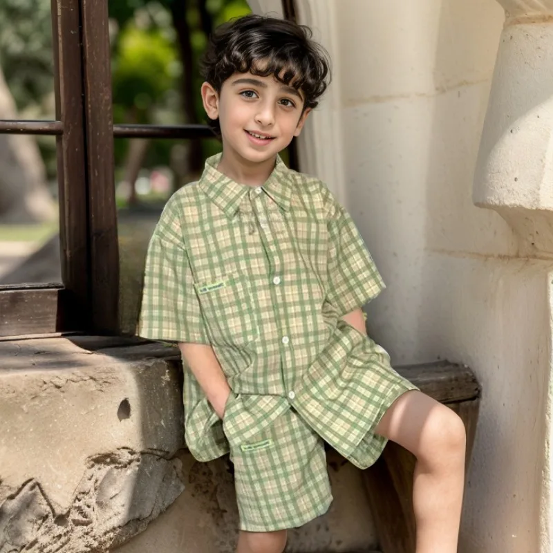 

2024 Baby Boy Korean Japanese Suit Fashion Kid Boys Casual Green Plaid Short-sleeved Single-breasted Shirts + Shorts 2pcs Set