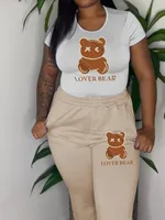 LW Plus Size Two Piece Lover Bear Skull Head Letter Print Pants Set Pullover Short Sleeve Tee&Sporty Trousers 2PC Activewears 3