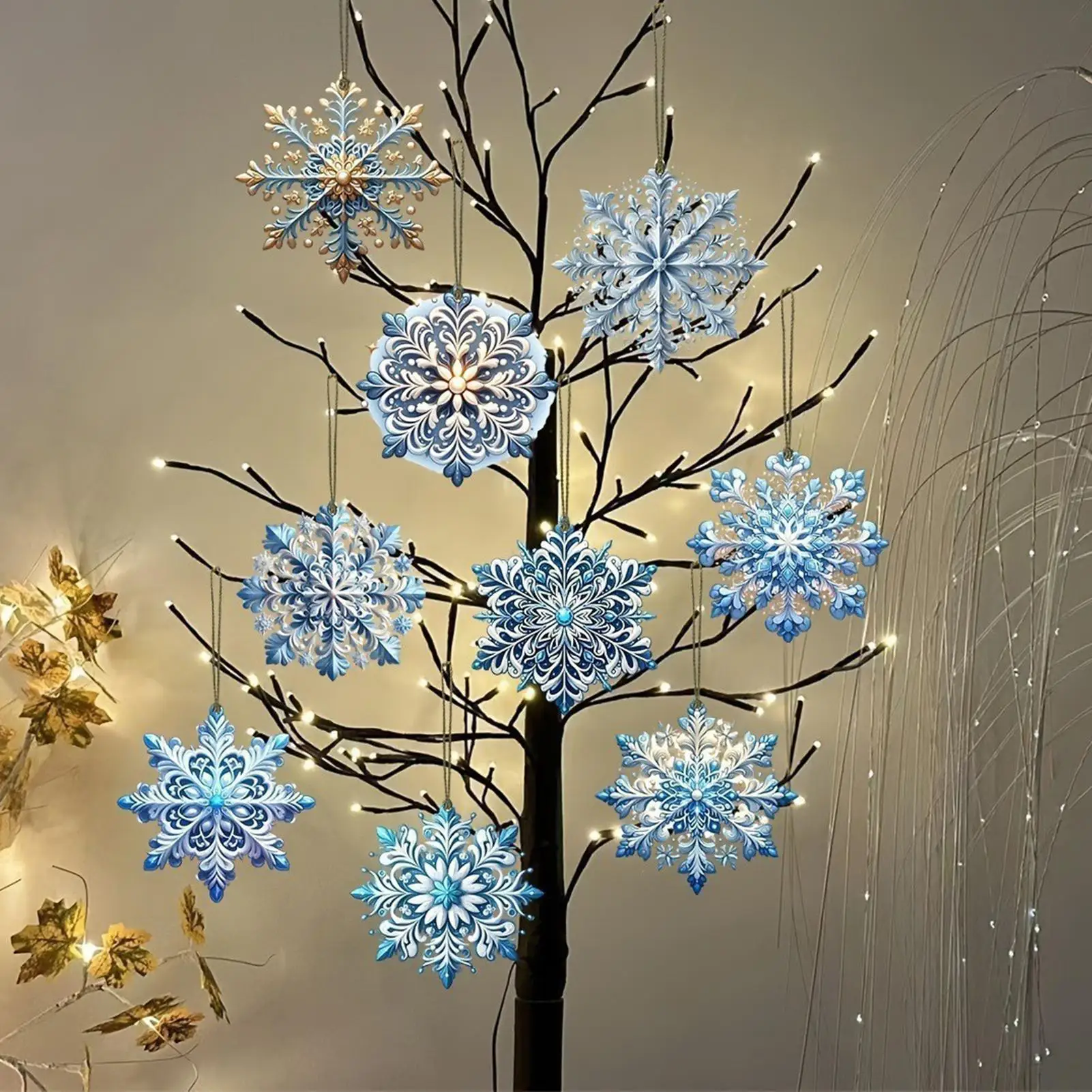 Snowflake Decor 24Pcs Blue Pendant Double-Sided 2D Christmas Snowflake Decoration with Hook for Winter Window Wall Decoration