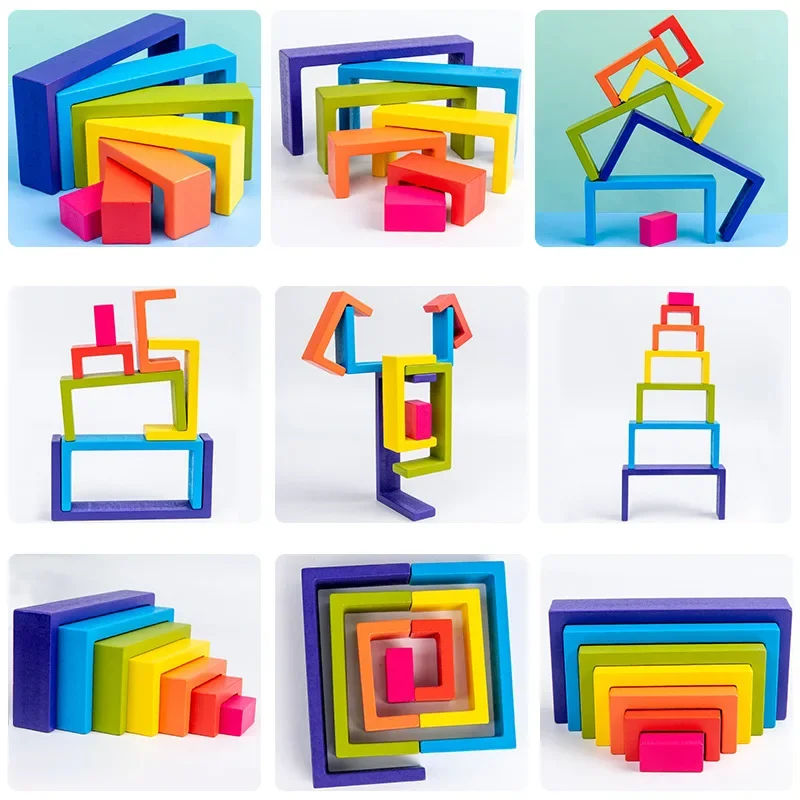 3D Early Childhood Education Montessori Toys Baby Wooden Building Block BPA Free Rainbow Block Baby Newborn Toddler Puzzle Gifts