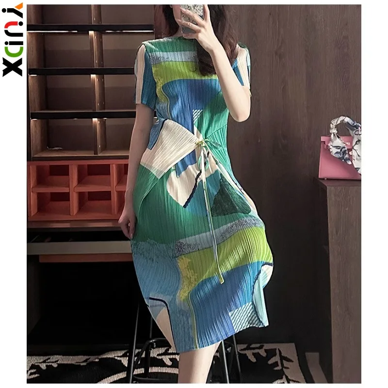 

YUDX Miyake High-quality Geometric Blocking Short-sleeved Pleated Women's Dress Fashion Commuter Tie Slim Dress 2024 Summer New