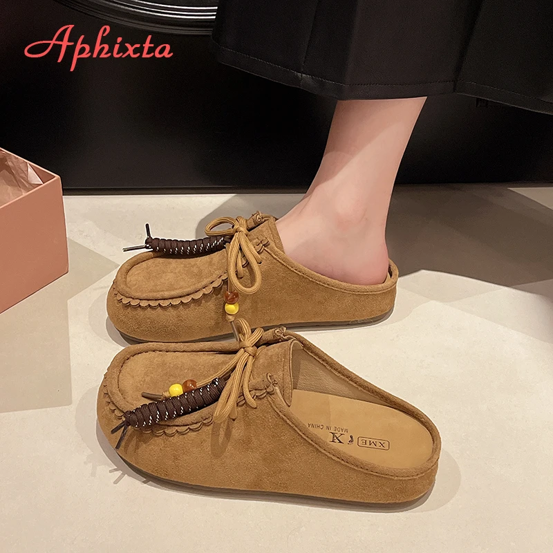 Aphixta 2025 New Summer Sewing Flat With Outside Slipper Women String Bead Lace Up Fashion Women Shoes Slip On Yellow Slides