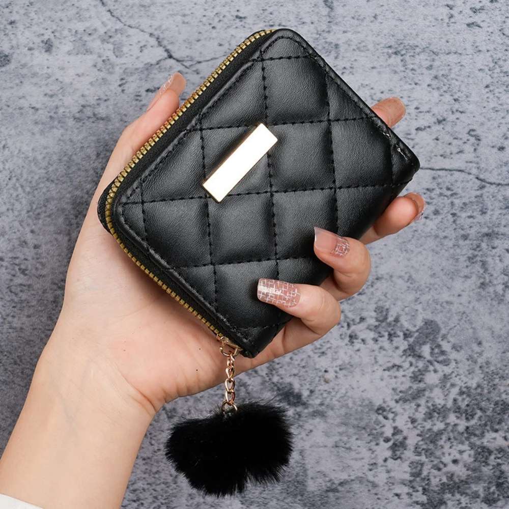 ISKYBOB Women Short Wallets Fashion Diamond Grid Fur Ball PU Leather Card Holder Female Small Coin Purses Zipper Money Bag 4