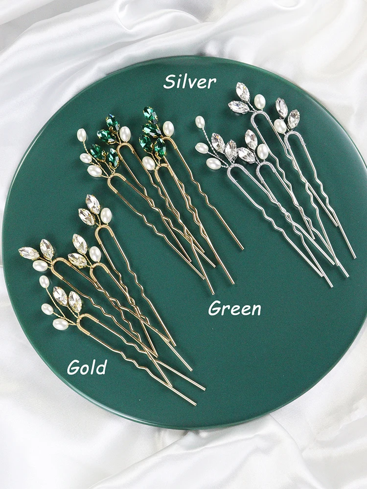 4PCS Hair Pins for Women Head Jewelry Wedding Hair Accessories Green Red Rhinestone Handmade Bridal Headwear Prom Bride Headwear