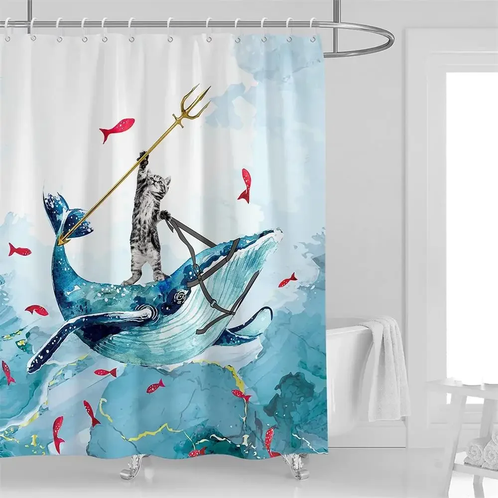 Lustiger Katze & Dinosaurier Duschvorhang – Wasserdicht, 183x213 Cm, Grau, Mit Haken