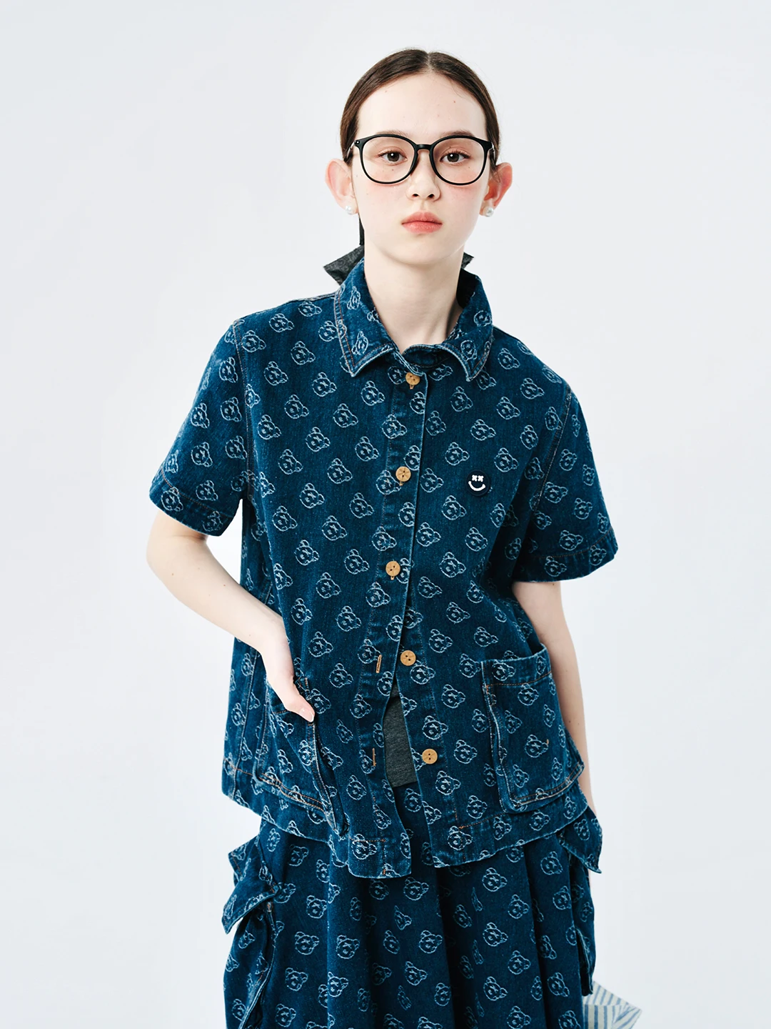 

imakokoni 2024 spring new style floral denim literary short-sleeved lapel shirt casual top 244566