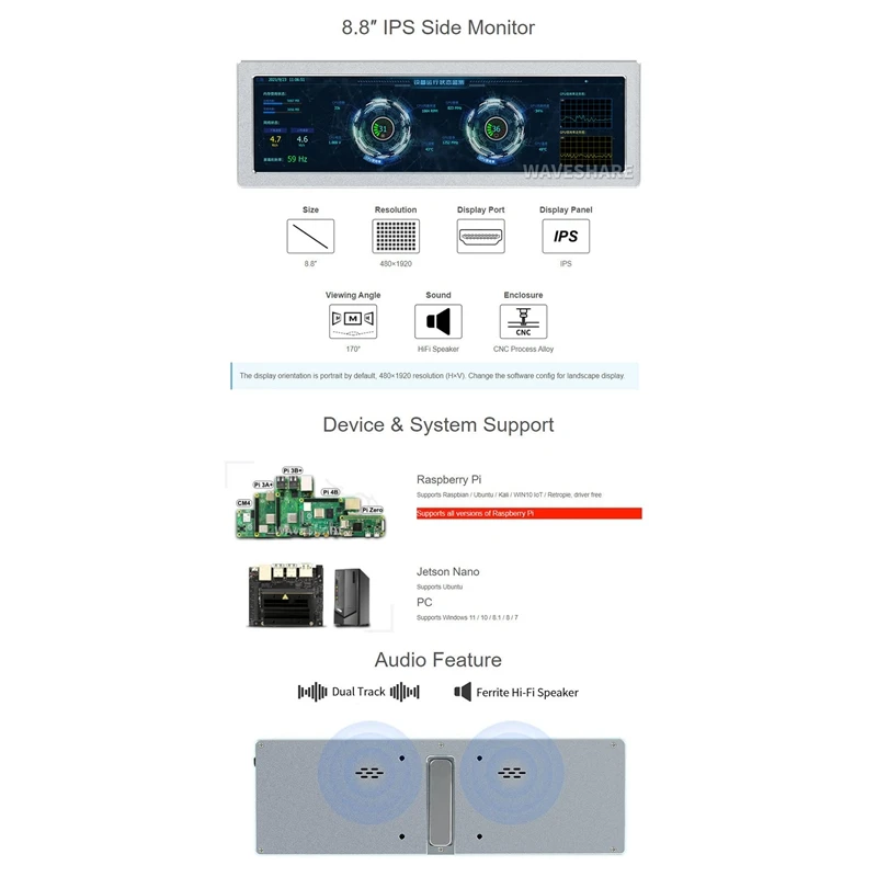 Waveshare 8.8 ġ IPS ̵  480X1920 ػ HDMI ȣȯ ÷ Ʈ IPS г