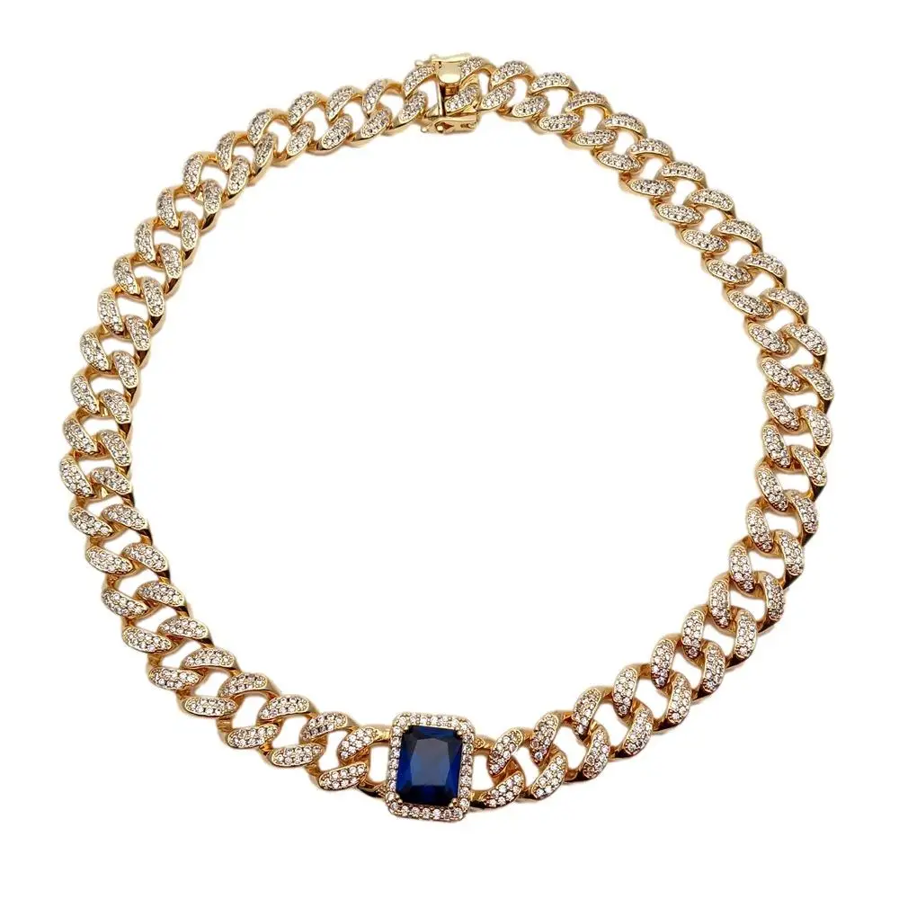 

Y.YING 18k Gold Plated Vintage Colbalt Blue Cz Charm Cuban Chain Choker Necklaces
