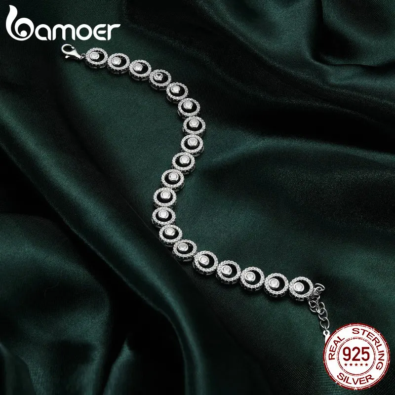 BAMOER  클래식 스파클링 CZ 팔찌 여성용, 화이트 골드 도금 두꺼운 체인 팔찌, 트렌디 쥬얼리 파티