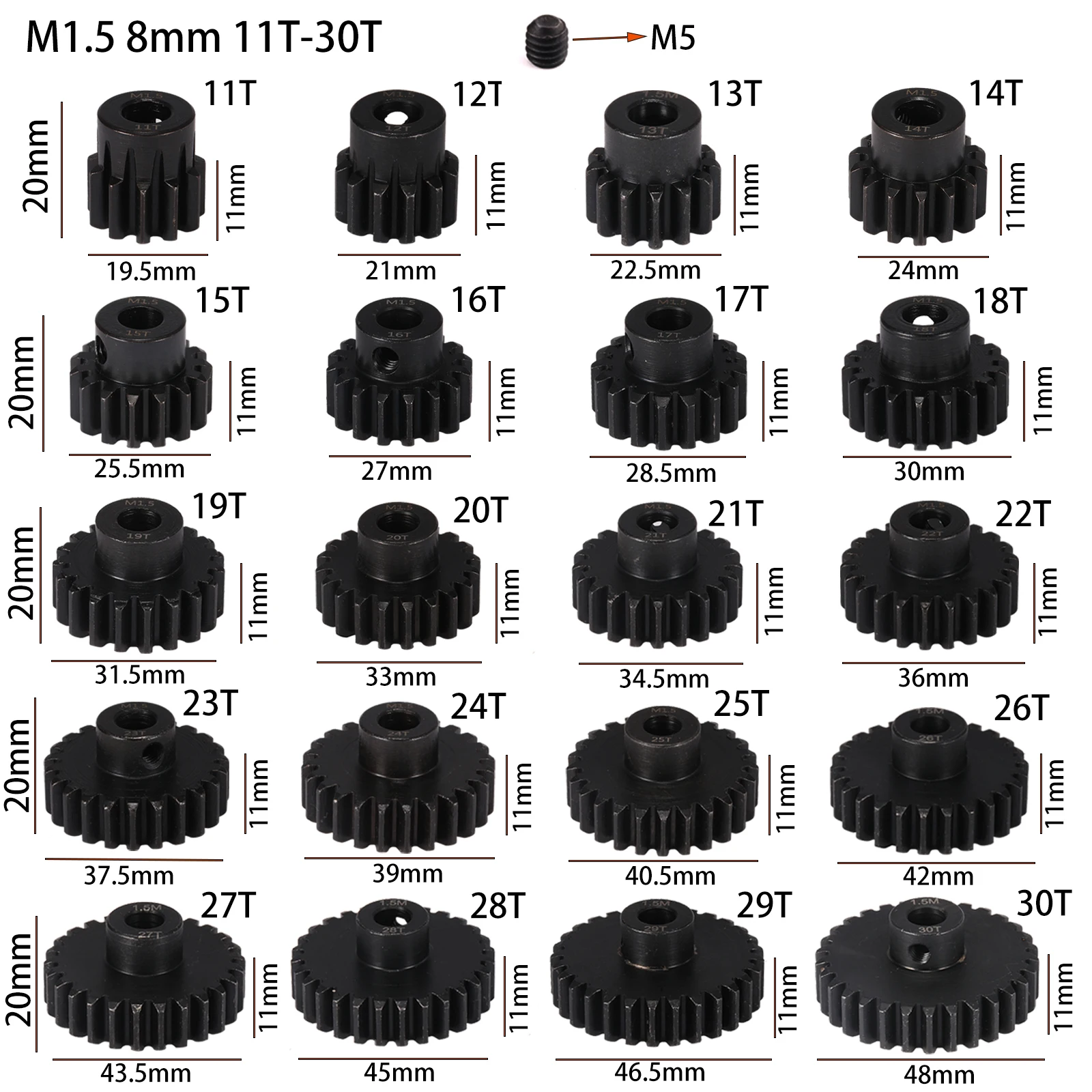 M1.5 8mm 1Pcs 11T-30T Motor Gear Metal Blcak Hardened Steel Pinion for 1/5 1/8 1/10 RC Car Parts Remote Toys Car Parts 3