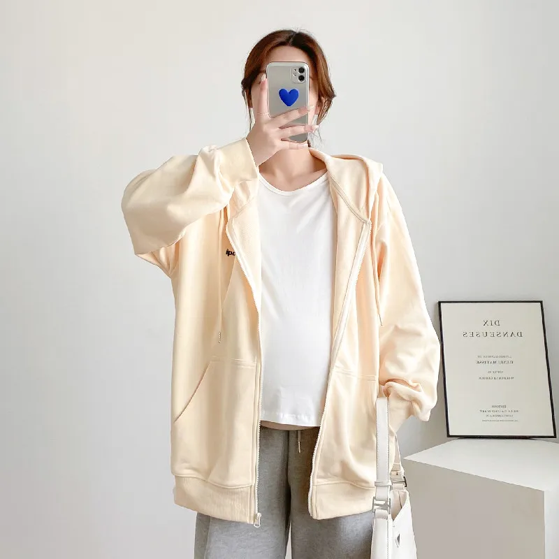 

Maternity Cardigan Solid Color Hoodies Embroidered Zipper Sweatshirt Pregnancy Clothes Spring Style Mother-to-be 9159