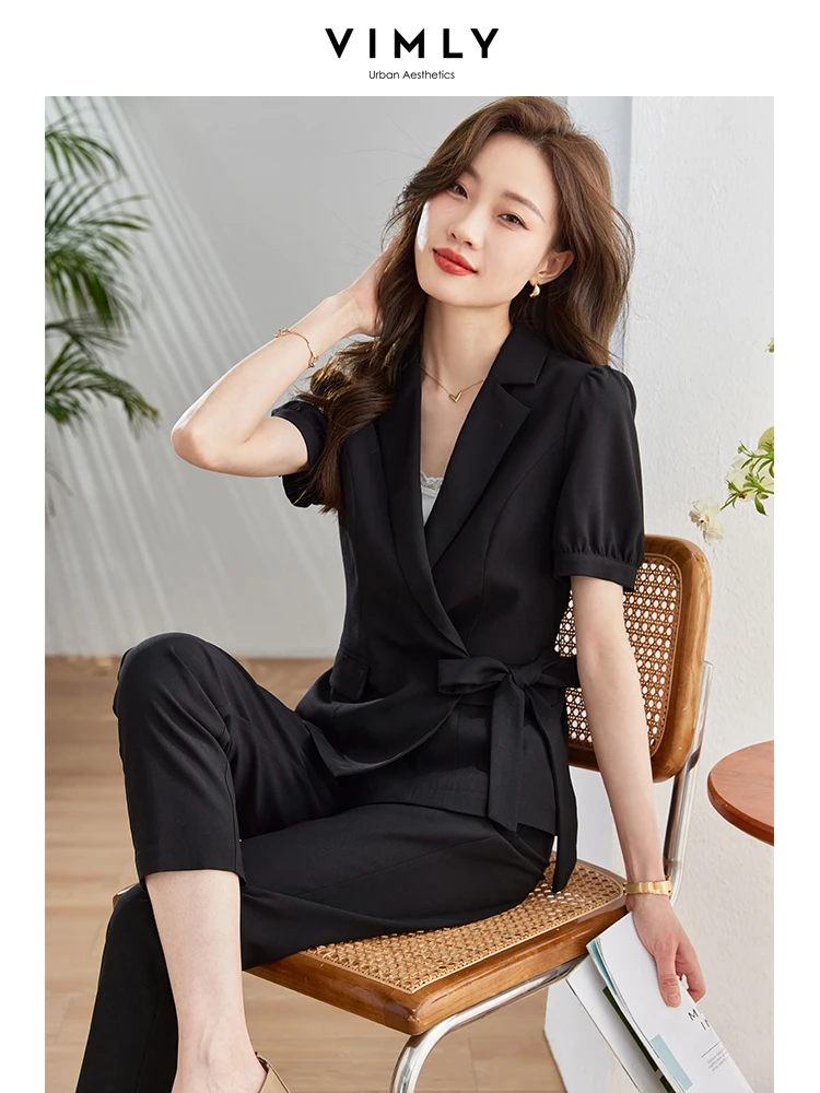 Vimly Elegant Black Women's Suit Blazers and Pants Set 2023 Summer Short Sleeve Wrap Lace-up Slim Blazers Jacket 2 pieces Set