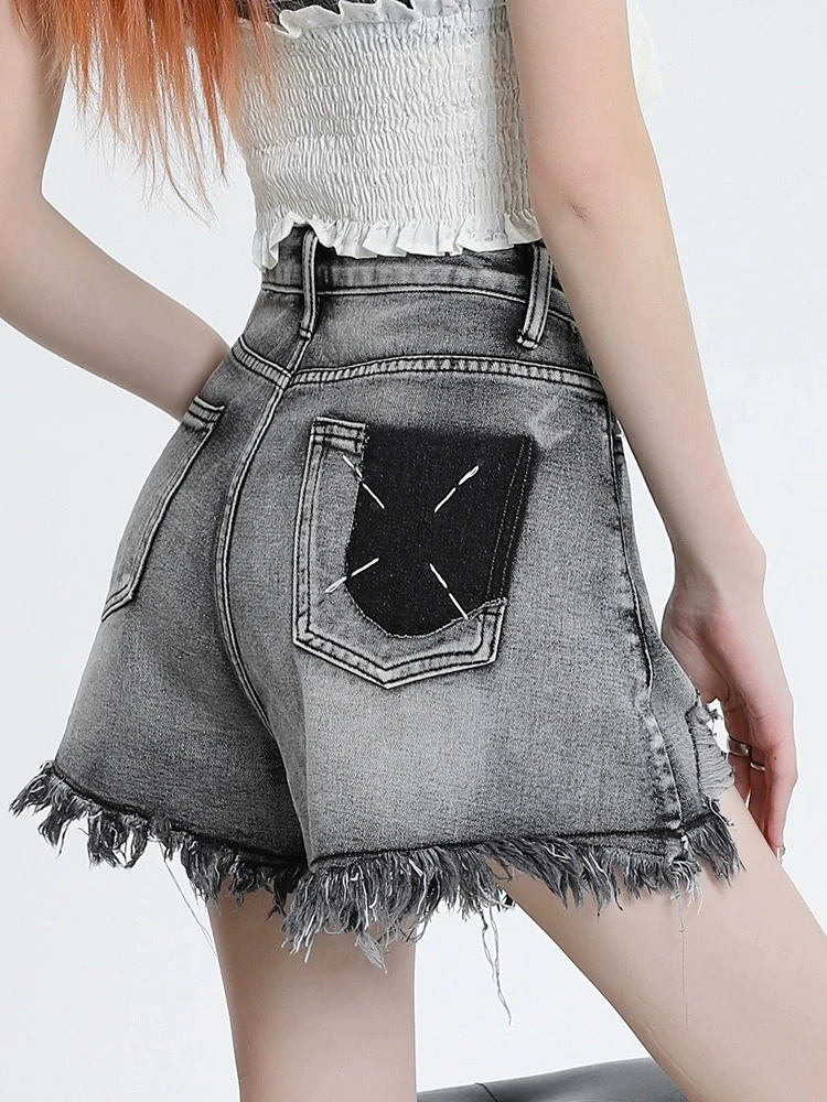 Summer Irregular Chicly Tassels Simple Split Female Jean Shorts American Sexy High Waist Fashion Hollow Out Casual Womens Shorts