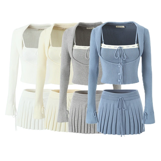 knitting Fashion Set Women Suspenders Top Coat And Short Skirt