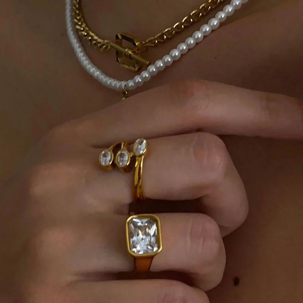 French Chic Three Layer Metal Opening Shiny Zircon Wedding Rings for Women Transparent Oval Crystal Ring Light Luxury Jewelry