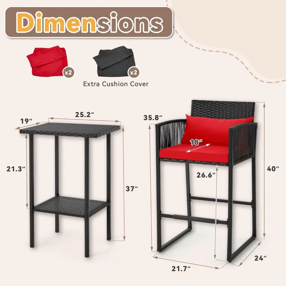 3-Piece Outdoor Rattan Wicker Bar Set with Cushions 6