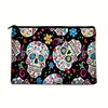 Portable Flower Skull Cosmetic Bag Linen Fabric Makeup Organizer for Travel Lightweight Fashionable Cosmetic Bag Zipper Pouch 2