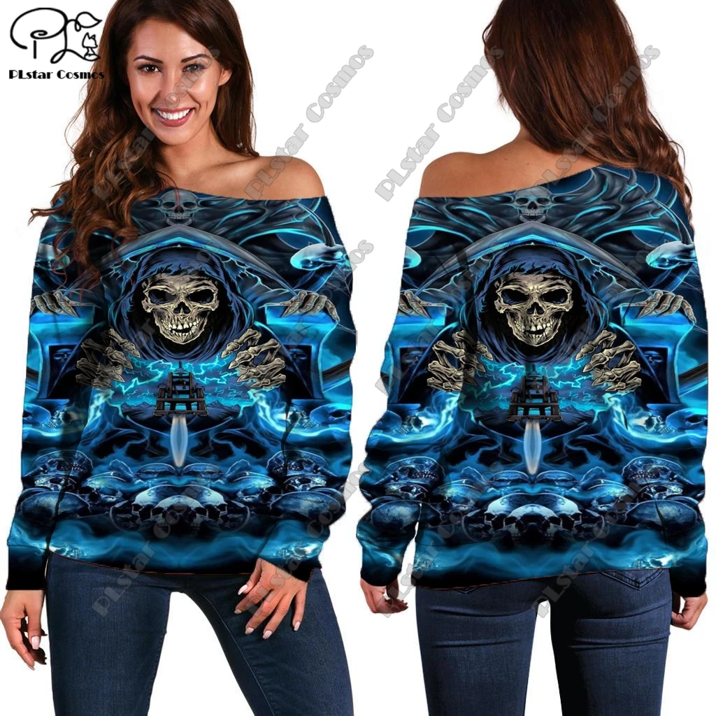 

PLstar Cosmos 3D Printed Moonlight Grim Reaper Raven Pattern Off-Shoulder T-Shirt Women's Casual skull Horror Theme Collection 4