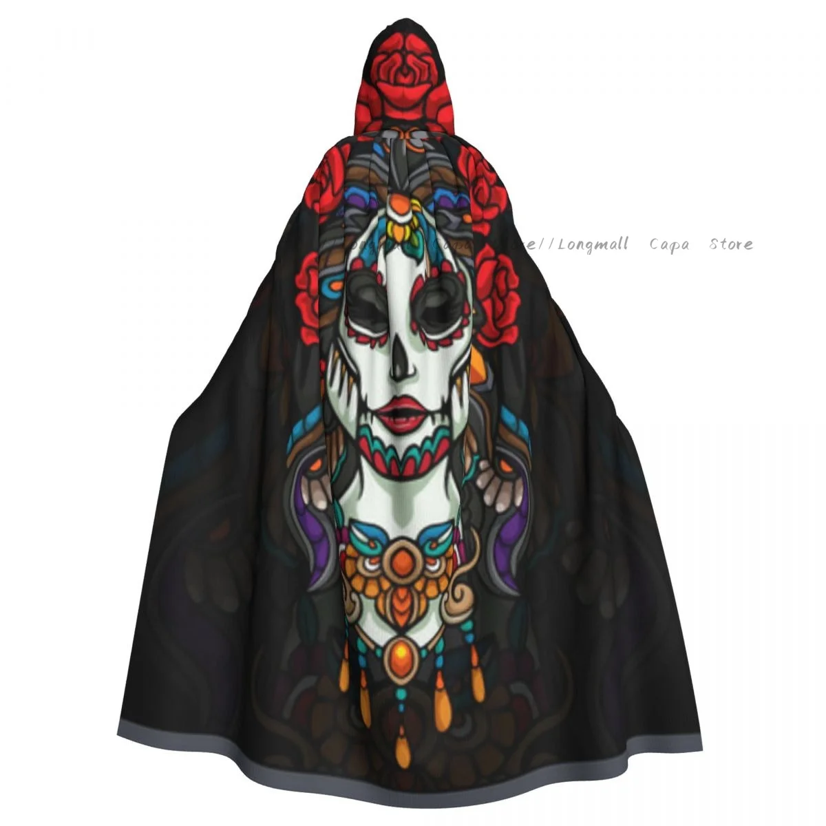 

Adult Halloween Colorful Calavera Girl Mandala Arts Cloak Cape Hooded Medieval Costume Full Length Dress Coat