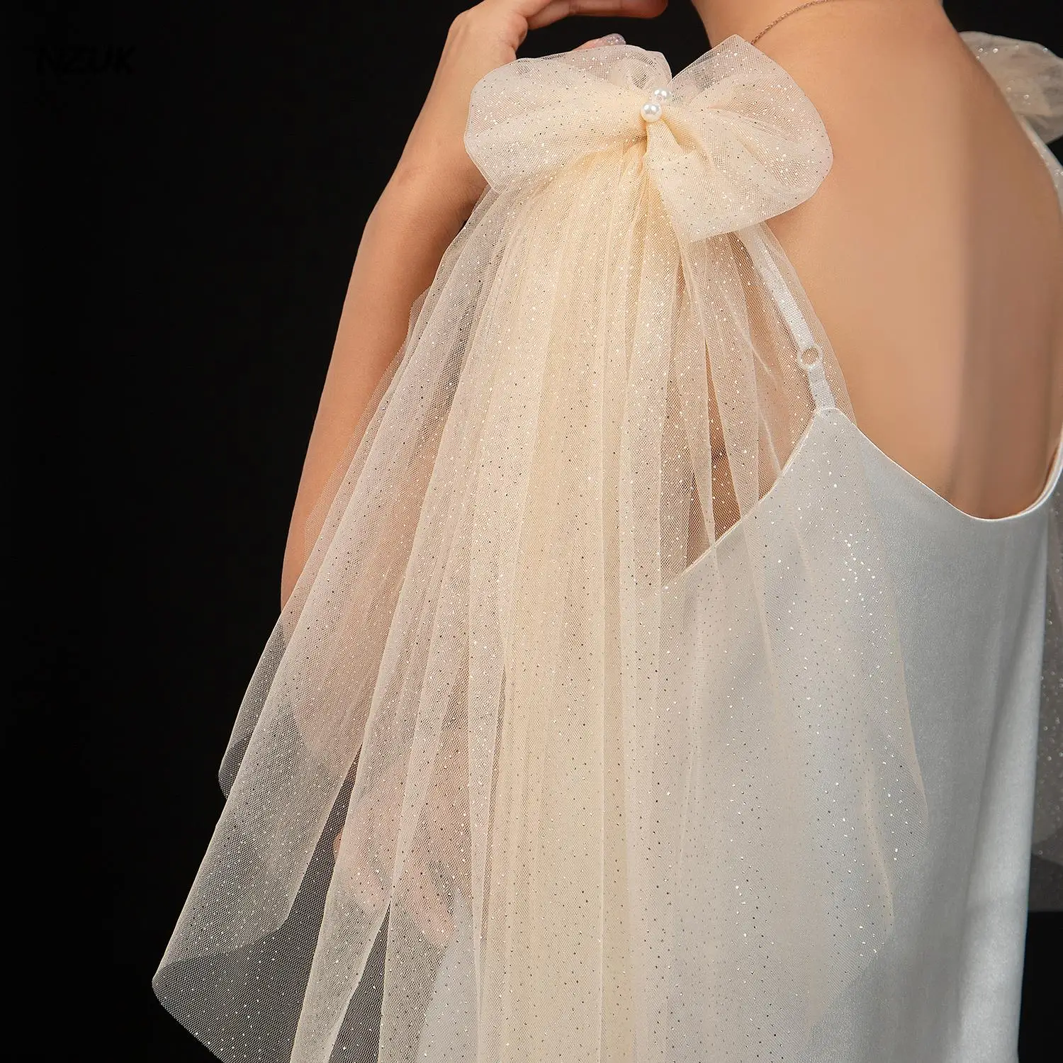 NZUK 2PC Sparking Bridal Wings Veil with Bow  Wedding Shoulder Veil Removable Sleeves Shrugs for Women Summer Elegant Shawl