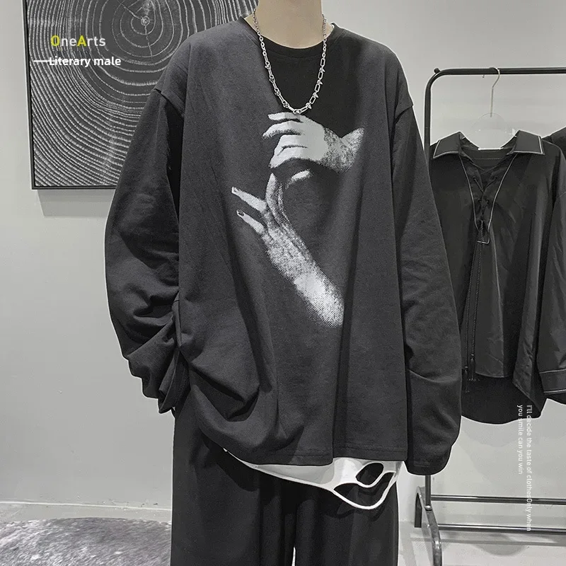 Trendy Long Sleeve Men's T-shirt Loose Fit Autumn Base Layer Top Couple Matching Clothes 2023 New Ins Trendy Brand Clothing Men