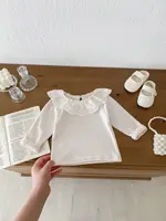 2024 Autumn New Baby Long Sleeve T Shirts Cute Sweet Baby Girl Ruffle Collar Bottoming Shirt Cotton Infant Toddler Solid Tops 5
