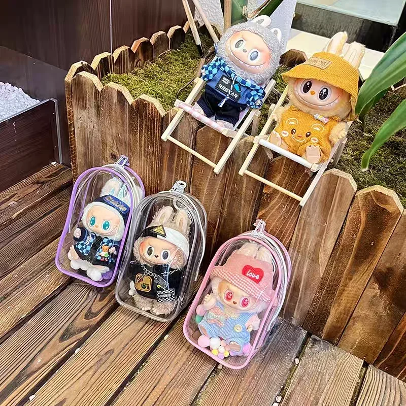 Colorful Transparent Protector Case Organizer Box for 17cm Labubu Plush Dolls Outdoor Display Bag With Keychain Doll Accessories plush dolls doll accessories